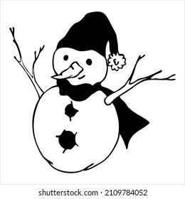 Snowman in a winter hat with a pompom and a scarf on a white background. Vector illustration