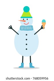 Snowman in winter hat and scarf, with buttons on belly holds ice cream in waffle cone isolated cartoon flat vector illustration on white background.