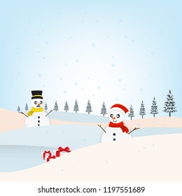 Snowman and Winter landcape, Merry christmas