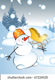 Snowman winter landscape background, vector

