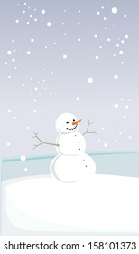 Snowman in a winter landscape, card, vector illustration