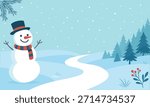 Snowman in Winter Landscape with Falling Snow