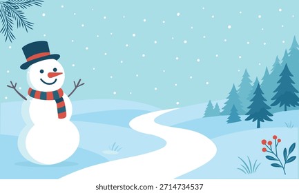 Boneco de neve na paisagem de inverno com queda de neve
