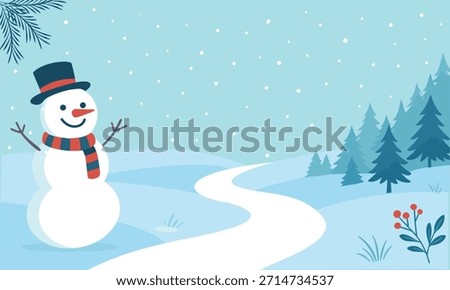 Snowman in Winter Landscape with Falling Snow