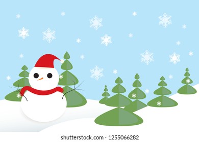 Snowman In Winter Landscape With Fur-Trees And Snowflakes, Vector Illustration