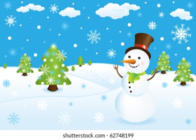 Snowman In Winter Landscape  With Fur-Trees And Snowflakes, Vector Illustration