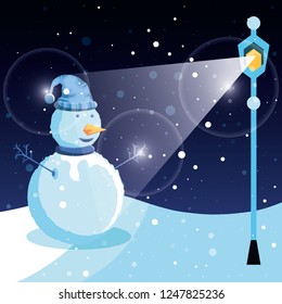 snowman with winter landscape and lamp