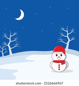 snowman in winter landscape with moon and trees.