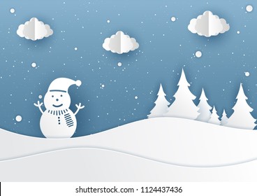 Snowman and Winter landscape with paper art style,vector illustration