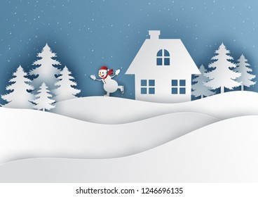 Snowman and Winter landscape with paper art style,vector illustration