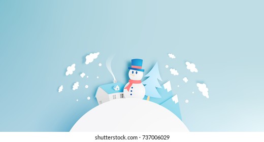 Snowman and Winter landscape with paper art style and pastel color scheme vector illustration