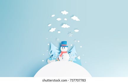 Snowman and Winter landscape with paper art style and pastel color scheme vector illustration