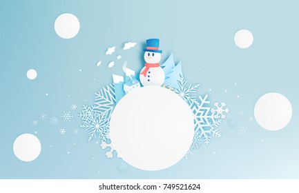 Snowman and Winter landscape with paper art style and pastel color scheme vector illustration