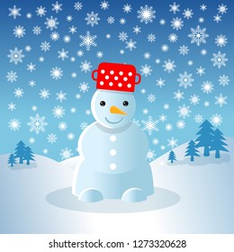 snowman, winter landscape, pot on head 