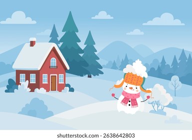 Snowman winter landscape. Seasonal forest in snow, holiday christmas yard. Cozy house, fir tree, snowy bushes. Countryside nowaday vector background