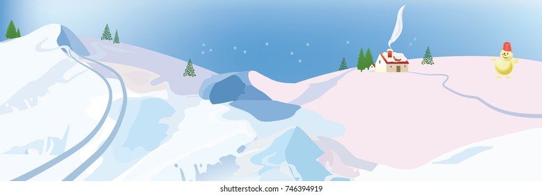 Snowman in a winter mountain landscape. Christmas's day. Vector illustration. Can use of banner, brochure, greeting card.
