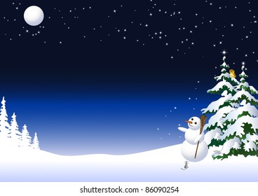 Snowman in a winter night