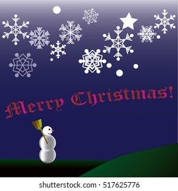 snowman in the winter night with snowflakes falling