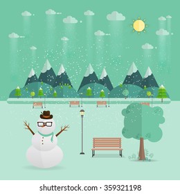 Snowman in winter  Park. Natural landscape in the flat style. a beautiful park.Environmentally friendly natural landscape.Vector illustration