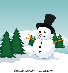 snowman in winter scenery view, vector illustration 