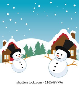 snowman in winter scenery view, vector illustration 