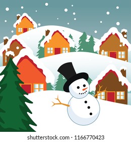 snowman in winter scenery view, vector illustration 