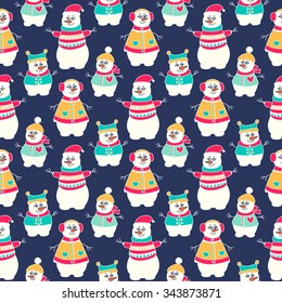 Snowman winter seamless pattern. Hand drawn doodle snowmen family. Bright colors - red, yellow, green and white. Vector background for kids.