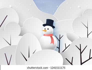 Snowman and winter season landscape background for merry christmas and happy new year paper art style.Vector illustration.