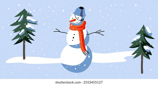 Snowman in winter snowy park with green trees. Christmas landscape vector illustration. Cartoon snowscape scene with frozen fir trees, snowdrifts and cute snowman wearing red scarf.