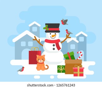 snowman winter theme with cat and gift box,background for christmas flat design