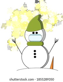 Snowman without carrot in a medical mask. Winter 2020.