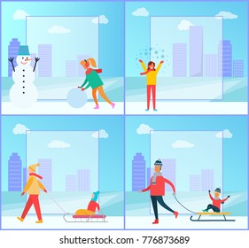 Snowman and woman wintertime collection, snowball and lady happy because of snowflakes, family and kids on sled, isolated on vector illustration