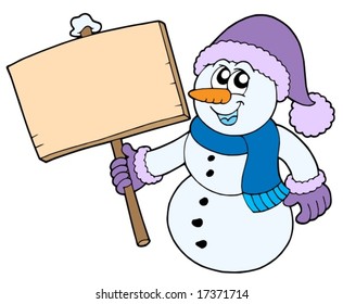 Snowman with wooden sign - vector illustration.