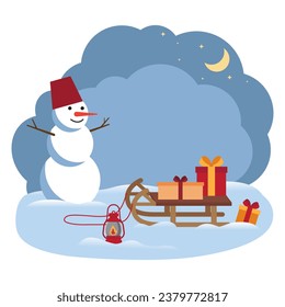 Snowman, wooden sledge with Christmas gifts and kerosene lamp in the snow. Flat vector illustration.
