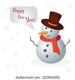 Hombre de nieve con nube de palabras para texto sobre fondo blanco con nieve, copos de nieve. El muñeco de nieve dice Feliz Año Nuevo. Fondo festivo, saludo, tarjeta o pegatina