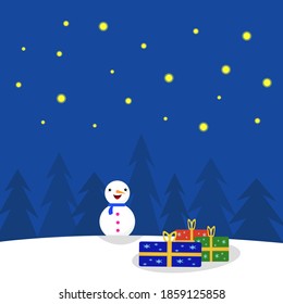 snowman and wrapped gifts lying on the snow against the background of tall Christmas trees on a beautiful winter night concept of New Year and holidays