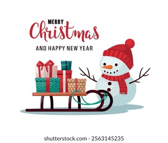 Snowman with wrapped presents on a sleigh in a white background. Christmas card, postcard