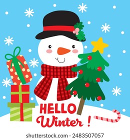Snowman with Xmas Tree For Christmas Card or Bag design