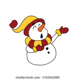 A snowman in a yellow hat and scarf sings.On a hand-drawn, isolated white background.Design for greeting cards, banners,
