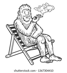 Snowman yeti animal smoking in beach chair sketch engraving vector illustration. Scratch board style imitation. Black and white hand drawn image.