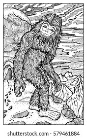 Snowman or Yeti. Fantasy creatures collection. Hand drawn vector illustration. Engraved line art drawing, black and white doodle