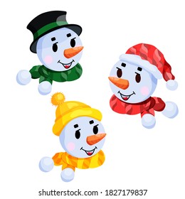 Snowman.Funny cartoon snowmen, in hats and caps and color scarf. Vector illustration