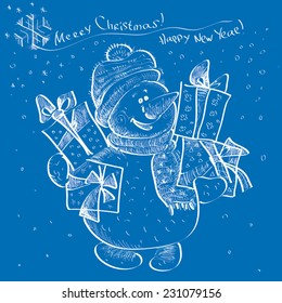 Snowman-Illustration.New year.The cheerful snowman holds boxes with gifts.Drawn in a doodled style.Separate snowman for easy editing.Illustration done in cartoon style.