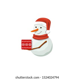 Snowmanin red santa hat. Precious frosty, gracious with gift, enlightened, friendly, squint, hat. Smiling, Vector illustration