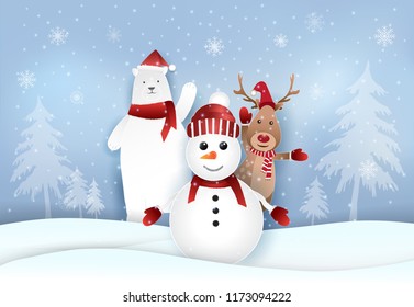 Snowman,Polar bear and deer with snowy paper art style. Christmas holiday season paper art, paper craft illustration background
