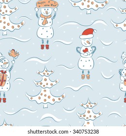 Snowmans and Christmas trees. Happy new year. Winter background. Holiday seamless pattern.