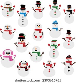 Snowmans collection in flat style. Vector illustration.