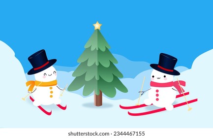 snowman's in  flat style with x mas tree background for  winter card baner poster
