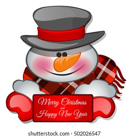 The snowman's head in tophat. Sketch for greeting card, festive poster or party invitations.The attributes of Christmas and New year. Vector illustration.