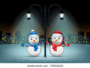 Snowmans standing in pillar lamps lights. Christmas snowflakes falls on night city background